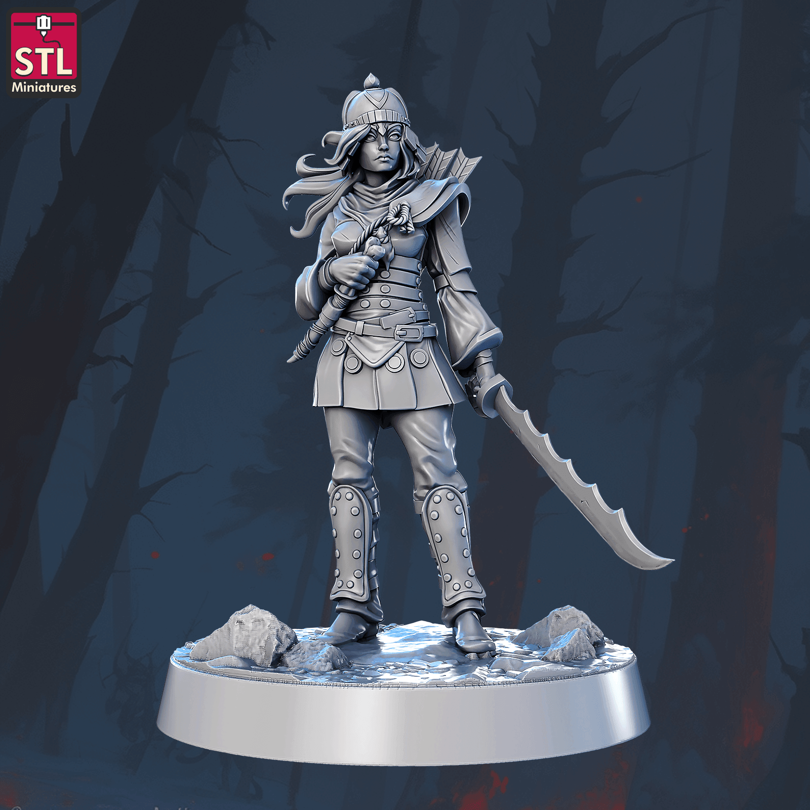 Female Ranger Miniature - Curved Blade Scout - Fantasy RPG Character (28–35mm Scale)
